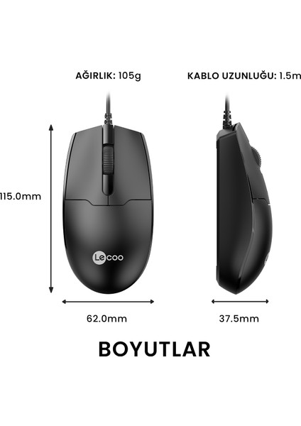 Lenovo Lecoo MS101 USB Kablolu 1200DPI 3 Tuşlu Optik Mouse Siyah