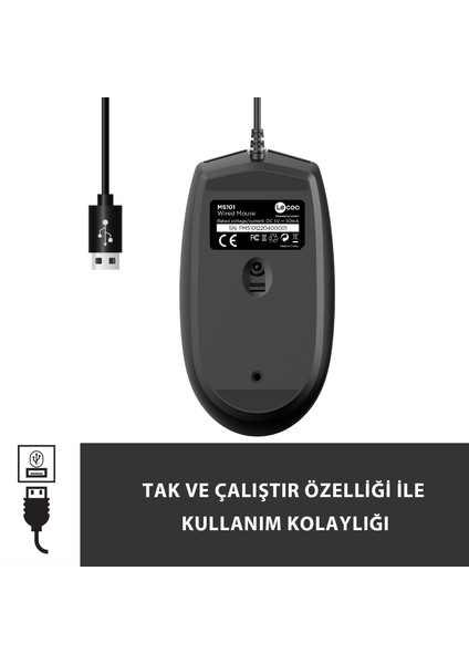 Lenovo Lecoo MS101 USB Kablolu 1200DPI 3 Tuşlu Optik Mouse Siyah