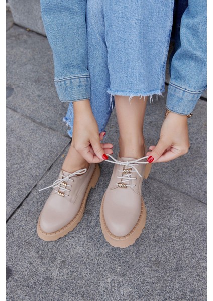 Pavia Nude Deri Bağcıklı Kadın Loafer