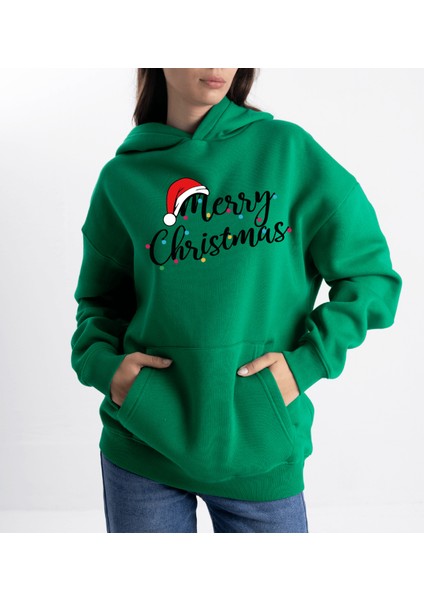 Unisex Oversize Merry Christmas Kapüşonlu Sweatshirt