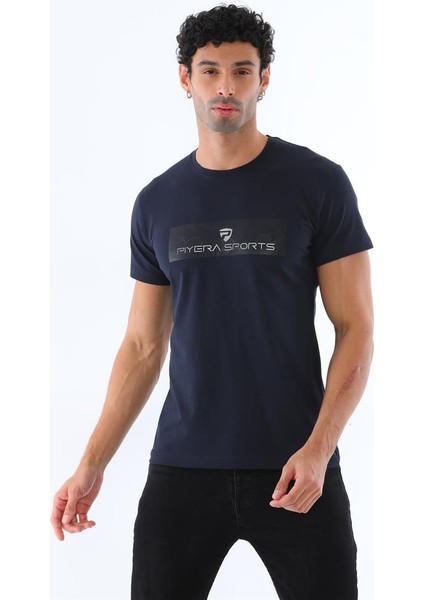 Erkek Lacivert Süprem Kumaş Bisiklet Yaka Slim Fit Dar Kesim Piyera Sports Baskılı Kısa Kol T-Shirt - 136