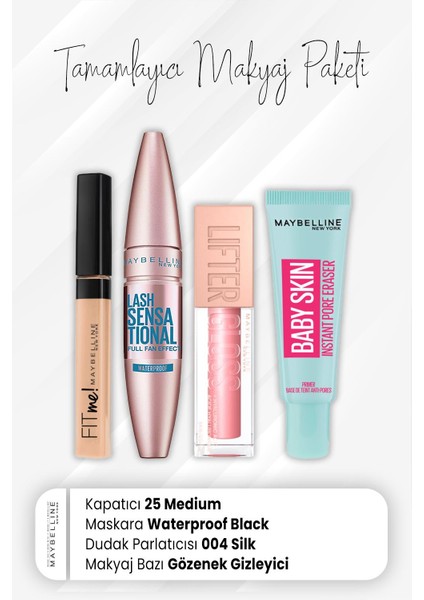 Fit Me Kapatıcı 25, Waterproof Maskara Black, Dudak Parlatıcı 004 Silk Ve Makyaj Bazı Baby