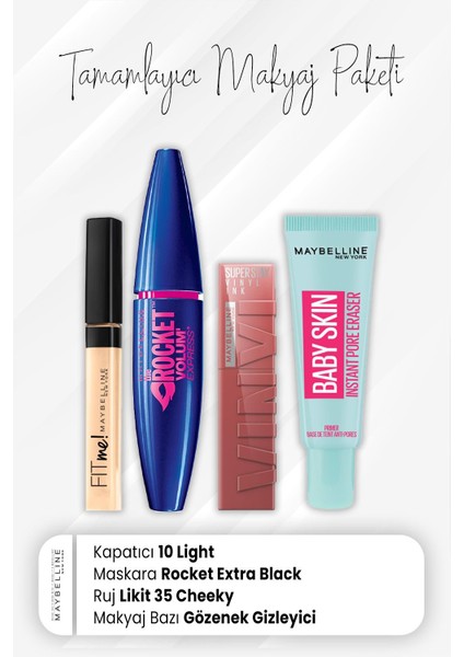 Fit Me Kapatıcı 10, Rocket Maskara Very Black, Vinyl Ink Ruj 35 Cheeky Ve Makyaj Bazı Baby