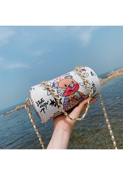 Çanta Kız Graffiti Sevimli Ayı Karikatür Kız Tek Omuz Taşınabilir Messenger Zincir Silindirik Çanta (Yurt Dışından)
