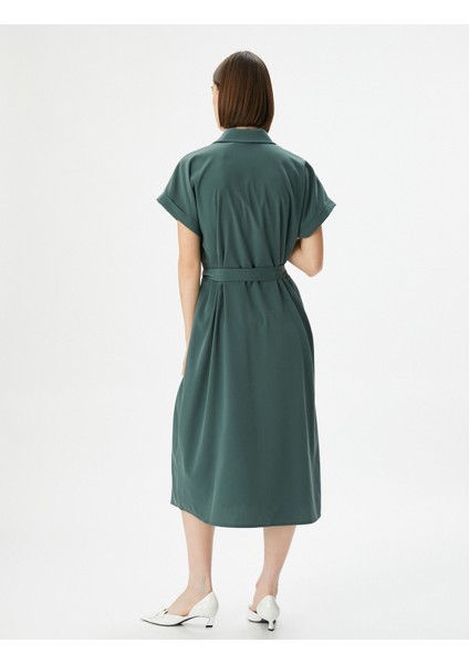 Midi Gömlek Elbise Beli Kuşaklı Kısa Kollu Düğmeli Cepli fırsatları