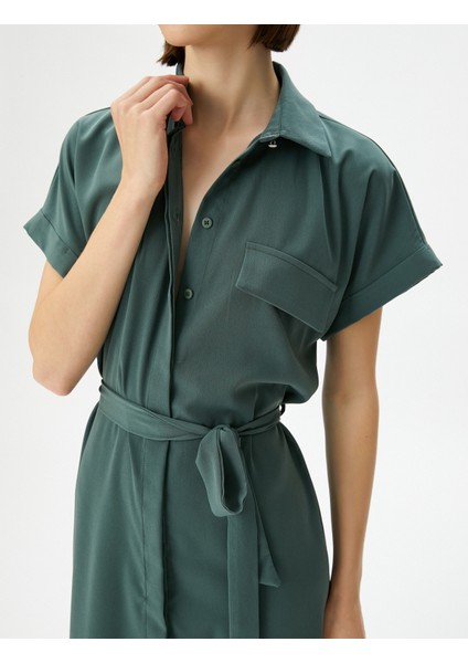 Midi Gömlek Elbise Beli Kuşaklı Kısa Kollu Düğmeli Cepli indirimleri