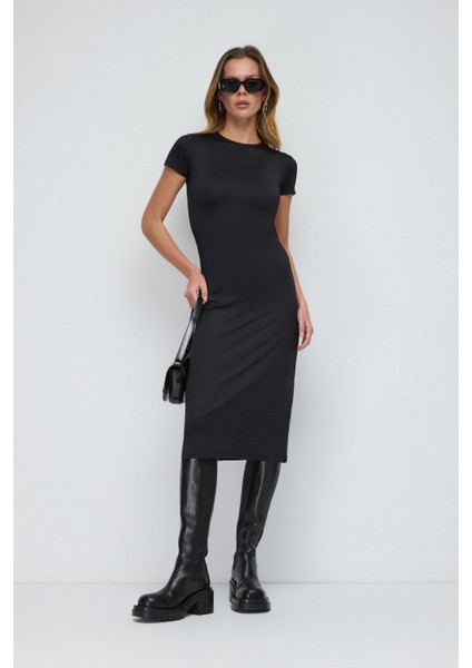 Vücudu Saran Bodycon Basic Midi Elbise