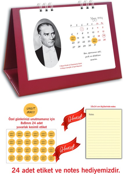 Atatürk Fotoğraflı Spiralli 2024 Masa Takvimi