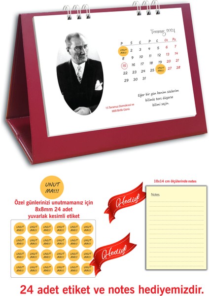 Atatürk Fotoğraflı Spiralli 2024 Masa Takvimi
