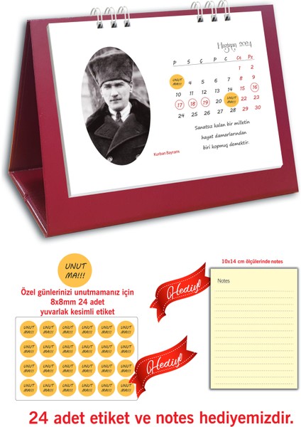 Atatürk Fotoğraflı Spiralli 2024 Masa Takvimi