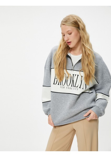 Kolej Oversize Yarım Fermuarlı Sweatshirt Dik Yaka Renk Kontrastlı
