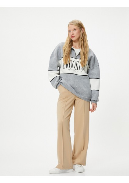 Kolej Oversize Yarım Fermuarlı Sweatshirt Dik Yaka Renk Kontrastlı fiyatları