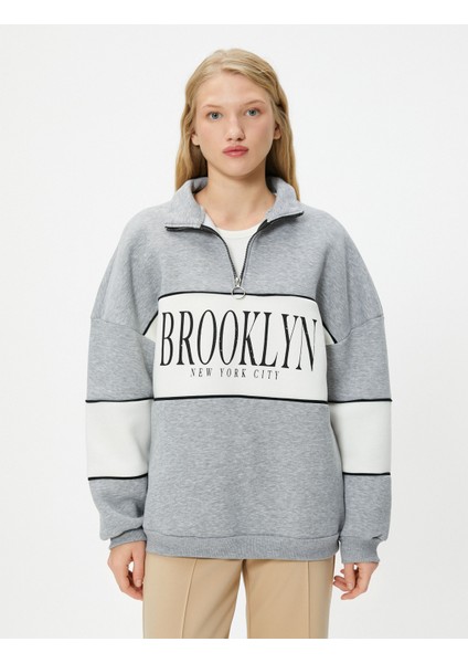 Kolej Oversize Yarım Fermuarlı Sweatshirt Dik Yaka Renk Kontrastlı modelleri