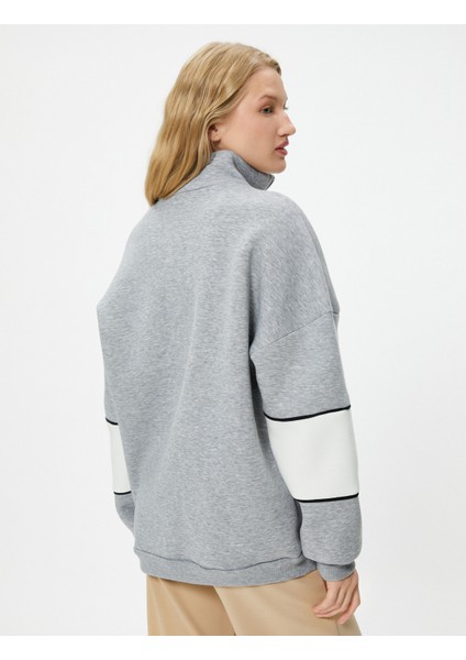 Kolej Oversize Yarım Fermuarlı Sweatshirt Dik Yaka Renk Kontrastlı fırsatları