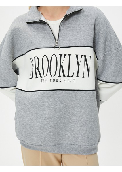 Kolej Oversize Yarım Fermuarlı Sweatshirt Dik Yaka Renk Kontrastlı indirimleri