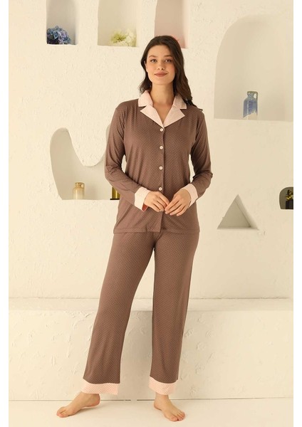 Mürdüm Küçük Puantiyeli Önden Düğmeli Pijama Takımı 2716Uy