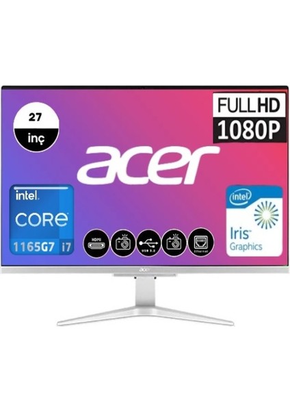Aspire C27-1655 Intel Core I7 1165G7 8gb 2tb SSD Freedos 27" Fhd All In One Bilgisayar DQ.BHLEM.001