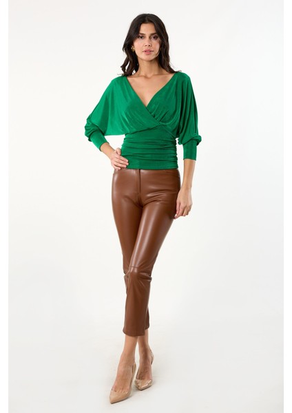 Gelmina Kruvaze Yanları Büzgülü Bluz