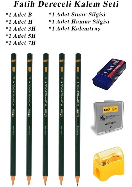 Resim Kalemi Fatih Dereceli Kalem Seti Karakalem Seti B H 3h 5h 7h 8'li Set Sınav Silgisi ve Hamur Silgi Kalemtraş