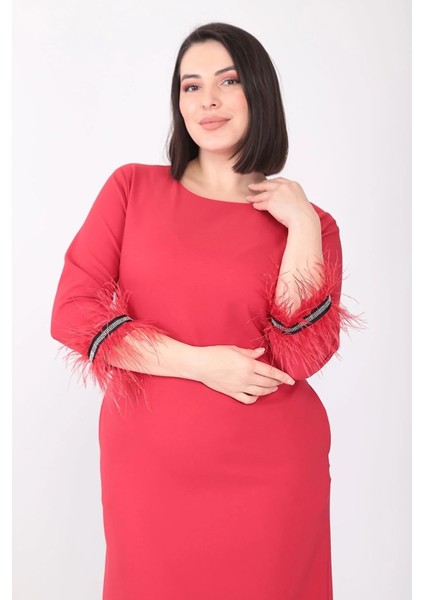 x Modapo Kadın Düz Renk Bisiklet Yaka Kolu Tüylü Midi Büyük Beden Elbise MDP3113 modelleri