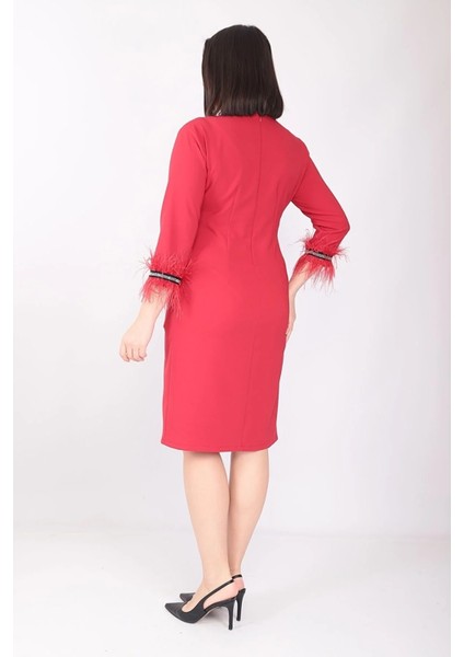 x Modapo Kadın Düz Renk Bisiklet Yaka Kolu Tüylü Midi Büyük Beden Elbise MDP3113 fırsatları