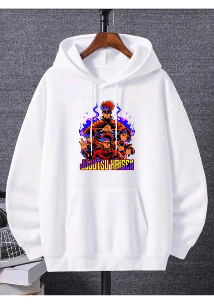 Jujutsu Kaisen Baskılı 3 Iplik Şardonlu Sweatshirt - Siyah Beyaz Unisex Oversize Kapüşonlu