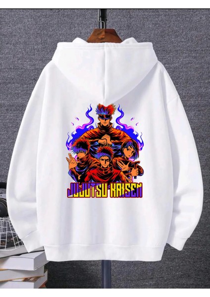 Jujutsu Kaisen Baskılı 3 Iplik Şardonlu Sweatshirt - Siyah Beyaz Unisex Oversize Kapüşonlu