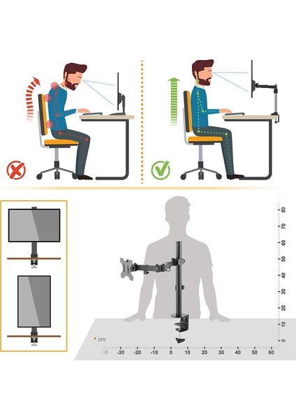 EF51 Steel Design 2-8 kg Tek Kol 13"-27" Asansörlü Monitör Standı