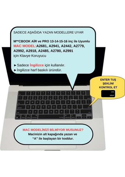 Klavye Kılıfı Macbook Air Pro US(ABD) İngilizce M1-M2-M3 A2681 A2941 A2442 A2779 A2992 A2918 A2485 A2780 A2991 ile Uyumlu