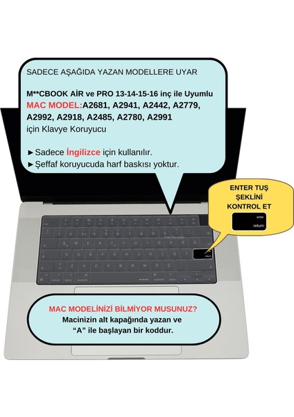 Klavye Kılıfı Macbook Air Pro US(ABD) İngilizce M1-M2-M3 A2681 A2941 A2442 A2779 A2992 A2918 A2485 A2780 A2991 ile Uyumlu