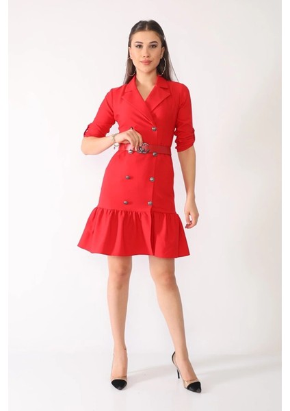 Kadın Siyah Kuşaklı Cep ve Düğme Detaylı Ofis Elbise ES166