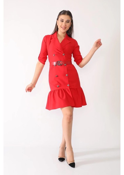 Kadın Siyah Kuşaklı Cep ve Düğme Detaylı Ofis Elbise ES166 modelleri