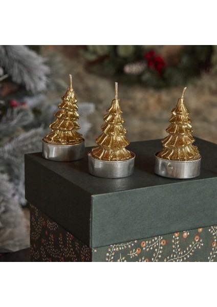 Karaca Home New Year Yılbaşı 24 Gold Tree 3'lü Tealight Mum 3,8x3,8x7 cm