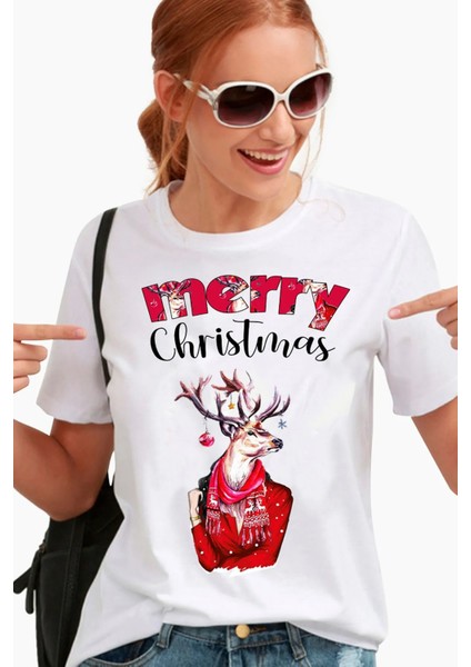 Merry Christmas Geyikli Yılbaşı Kıyafeti Tişört