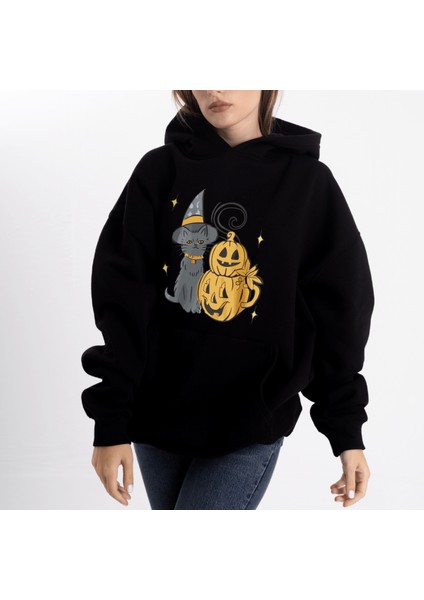 Pull The Hood Unisex Oversize Cat Halloween Kapüşonlu Sweatshirt