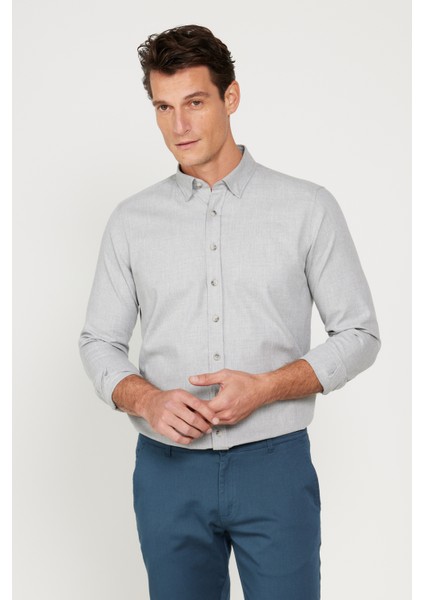 Erkek Açık Gri Slim Fit Dar Kesim Düğmeli Yaka Flanel Oduncu Kışlık Gömlek