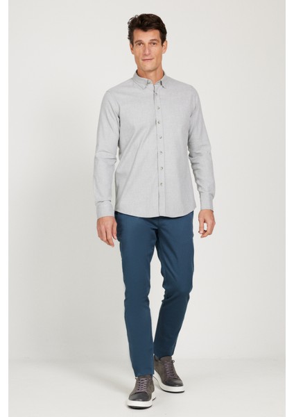 Erkek Açık Gri Slim Fit Dar Kesim Düğmeli Yaka Flanel Oduncu Kışlık Gömlek