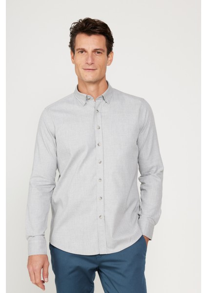 Erkek Açık Gri Slim Fit Dar Kesim Düğmeli Yaka Flanel Oduncu Kışlık Gömlek