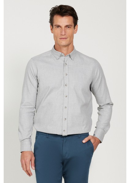 Erkek Açık Gri Slim Fit Dar Kesim Düğmeli Yaka Flanel Oduncu Kışlık Gömlek