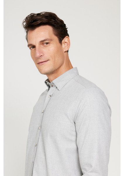 Erkek Açık Gri Slim Fit Dar Kesim Düğmeli Yaka Flanel Oduncu Kışlık Gömlek