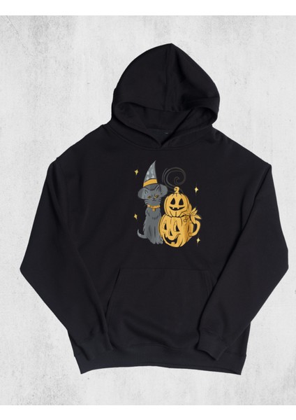 Unisex Oversize Cat Halloween Kapüşonlu Sweatshirt