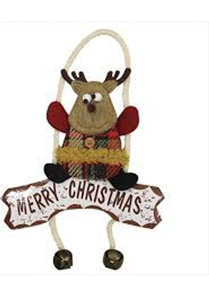 Yılbaşı Kapı Süsü Merry Christmas Geyik Tekli Ekoseli Çanlı 22 cm