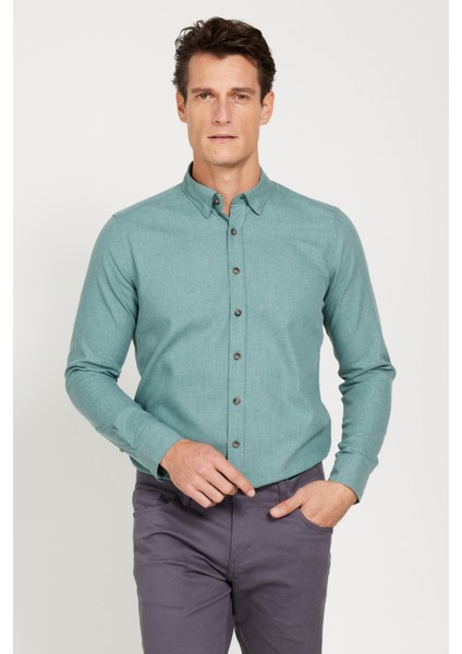 Erkek Haki Slim Fit Dar Kesim Düğmeli Yaka Flanel Oduncu Kışlık Gömlek