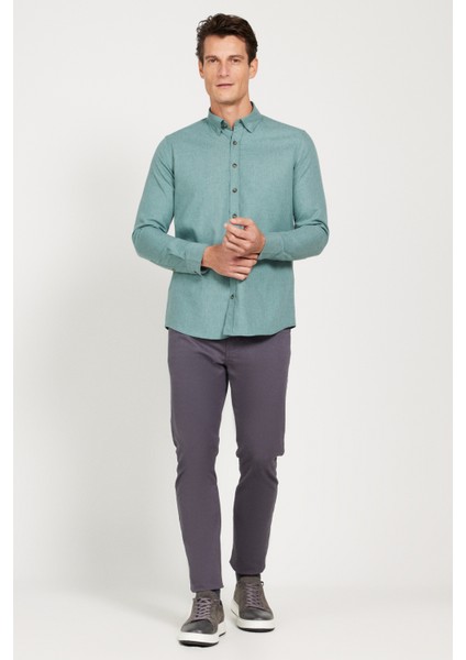 Erkek Haki Slim Fit Dar Kesim Düğmeli Yaka Flanel Oduncu Kışlık Gömlek