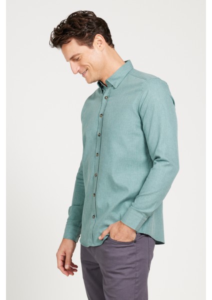 Erkek Haki Slim Fit Dar Kesim Düğmeli Yaka Flanel Oduncu Kışlık Gömlek