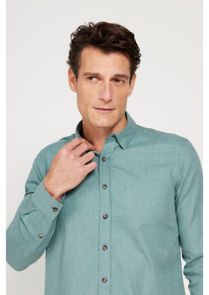 Erkek Haki Slim Fit Dar Kesim Düğmeli Yaka Flanel Oduncu Kışlık Gömlek