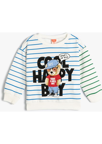 Sweatshirt Uzun Kollu Bisiklet Yaka Ayıcık Baskılı Pamuklu