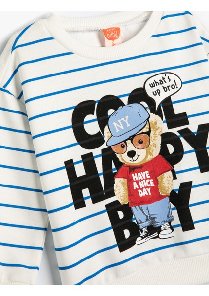 Sweatshirt Uzun Kollu Bisiklet Yaka Ayıcık Baskılı Pamuklu