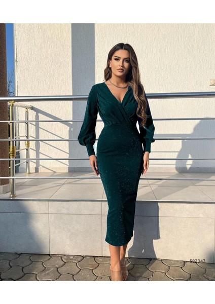 Kadın Uzun Kollu Kruvaze Yaka Büzgü ve Balon Kol Detay Simli Krep Kumaş Maxi Boy Elbise
