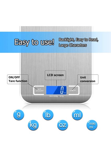 Mutfak Paslanmaz Çelik Için LCD Ekranlı Akıllı Dijital Terazi, 5KG/11LB, Çok Fonksiyonlu Gıda Terazisi, Şarj Edilebilir (Yurt Dışından) indirimleri
